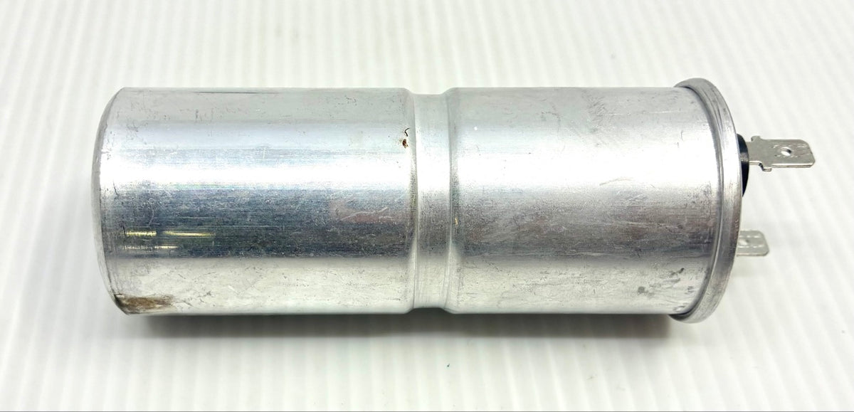 Globe 60uF run capacitor lying on side showing full aluminum can length