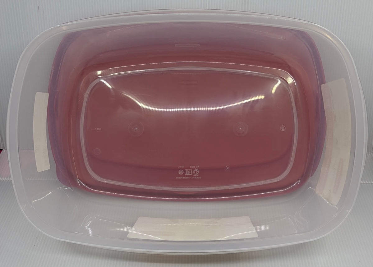 Inside view of Rubbermaid Easy Find Lids clear container base with red lid underneath
