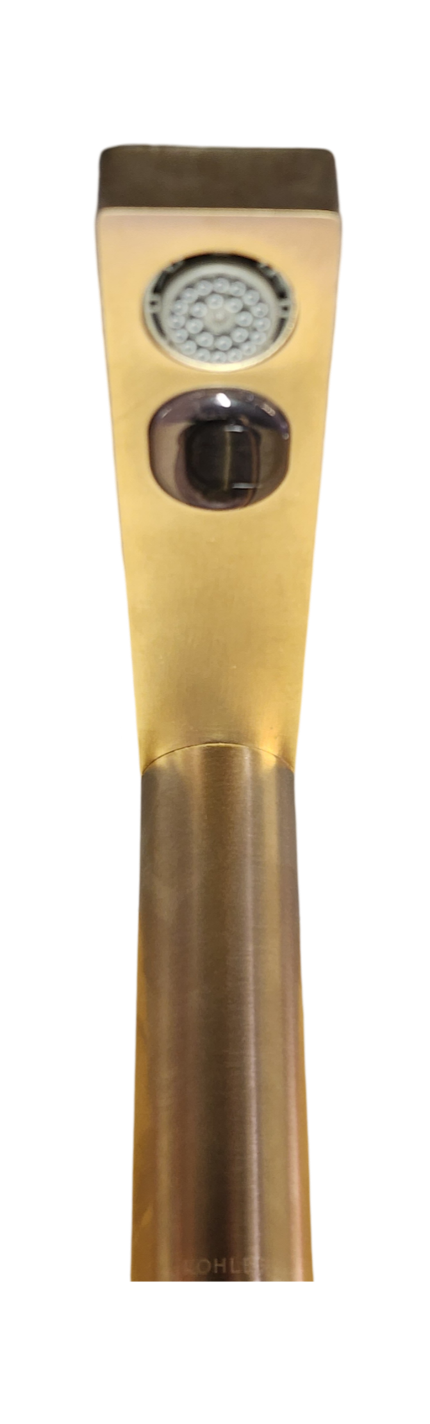 Kohler vibrant brushed modern brass touchless faucet underneath view.