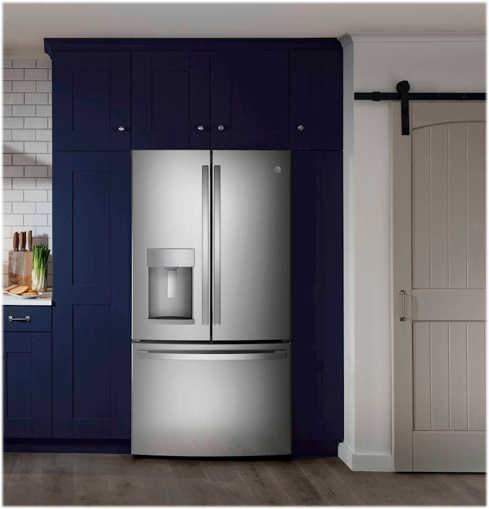 GE 27.7 cubic feet French door refrigerator in stainless steel finish, featuring an in-door water and ice dispenser, spacious interior with adjustable shelves, and bottom freezer drawer