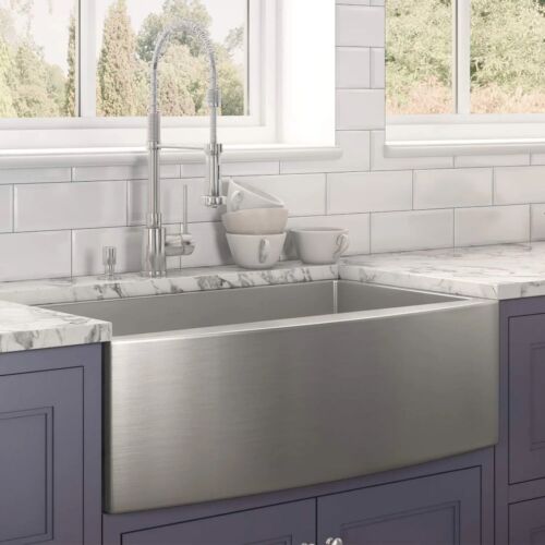 Signature Hardware 36" Stainless Steel with Curved Apron Front Farmhouse Sink