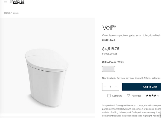 Kohler Veil Dual Flush One Pc Elongated Intelligent Toilet 5401-PA-0