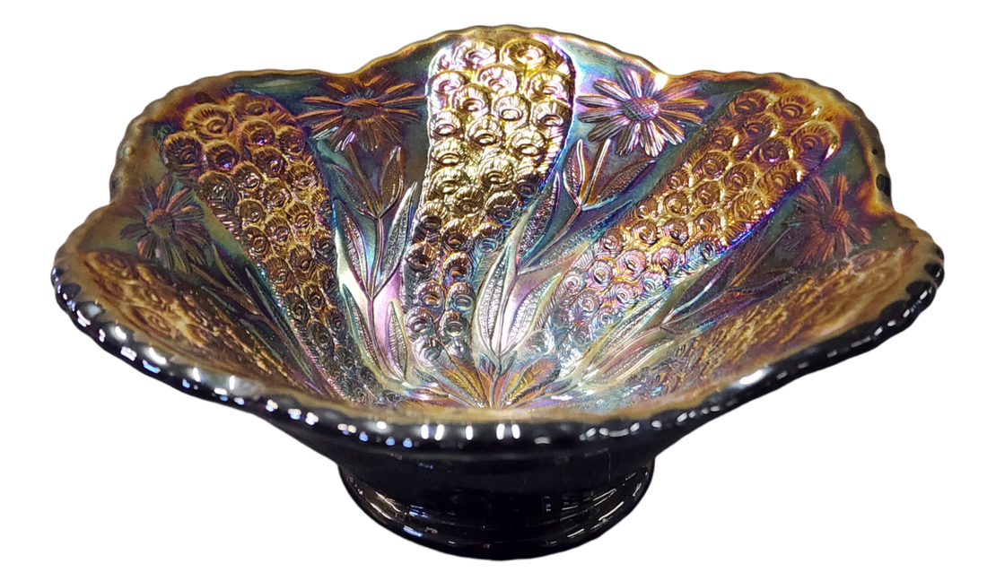 Fenton Black Carnival Glass Peacock Tail & Daisy Bowl – A Timeless Classic