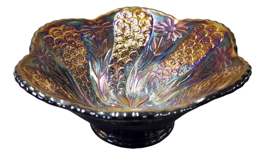 Fenton Black Carnival Glass Peacock Tail & Daisy Bowl – A Timeless Classic