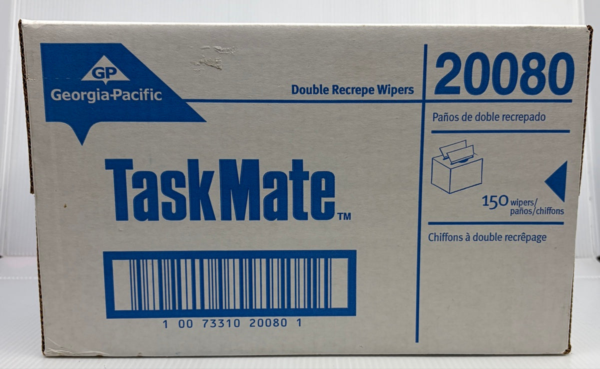 Georgia-Pacific TaskMate 20080 Double Recrepe Wipers dispenser box front - GP logo, 150 wipers, case GTIN barcode 10073310200801