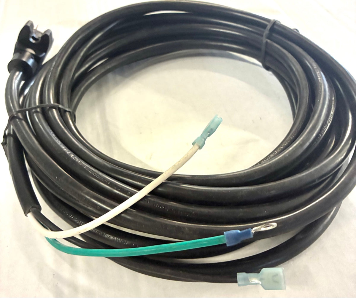 Black 14 AWG SJTW appliance power cord coiled showing plug and white green black terminal leads