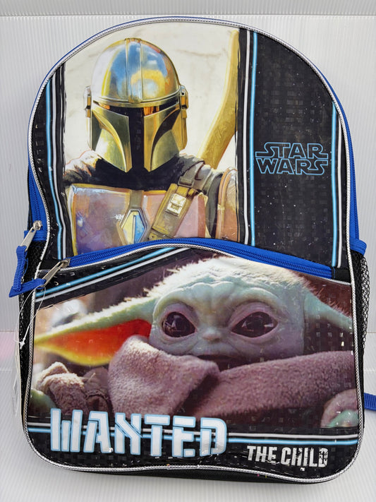 Star Wars Mandalorian backpack full front view showing Mandalorian helmet art on top and Grogu Wanted The Child print on the front zip pocket, blue zippers and mesh side pockets