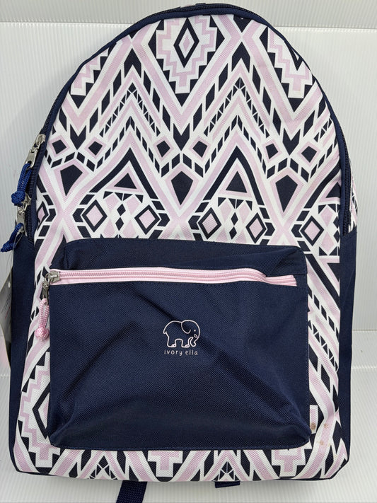 Ivory Ella backpack by Conair front view in navy pink and white geometric Aztec pattern with navy front zip pocket and elephant logo