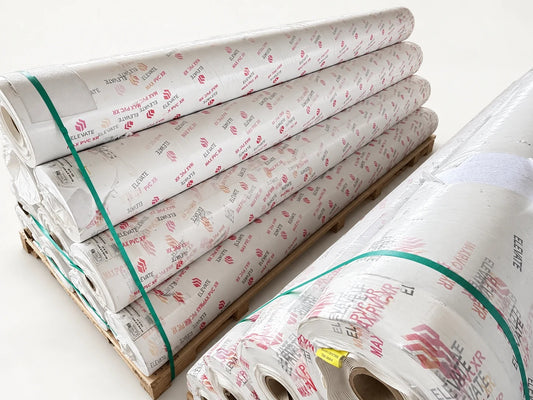 Elevate MAX PVC XR 60 mil white fleece-backed PVC roofing membrane rolls on a pallet