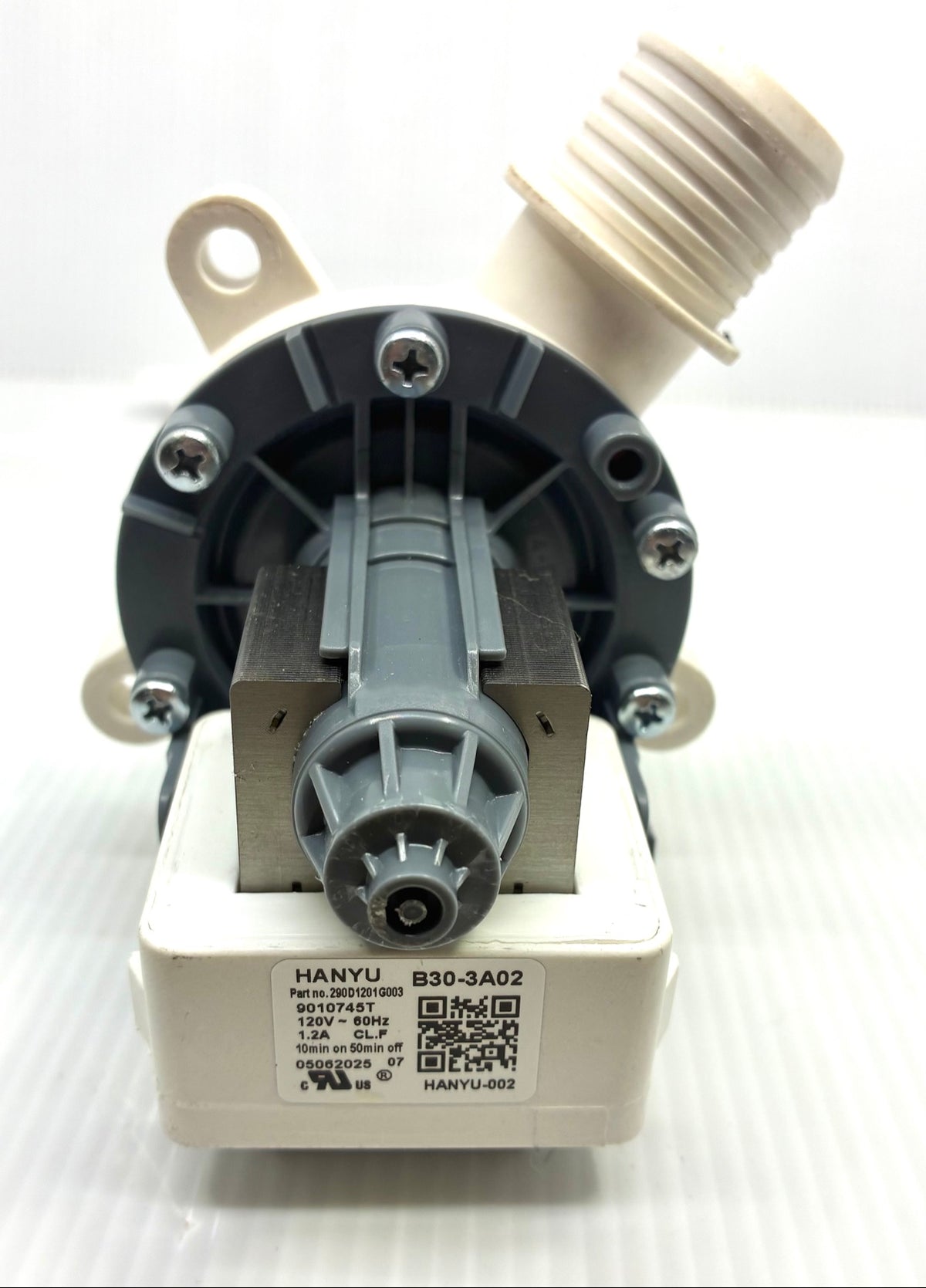 HANYU B30-3A02 drain pump label end - part number 290D1201G003, 120V 60Hz 1.2A, cRUus mark, date code 05062025