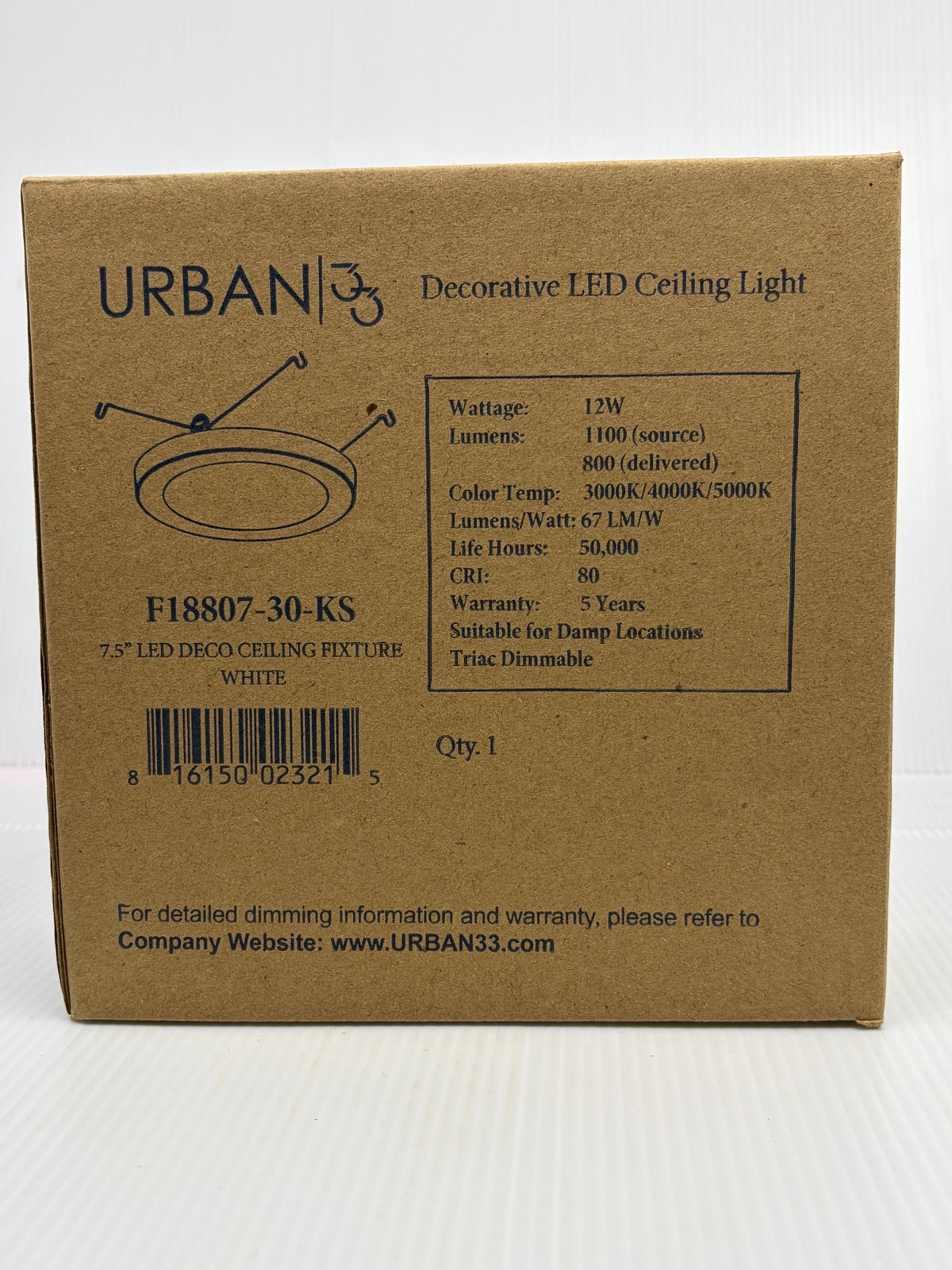 Urban 33 F18807-30-KS carton specifications - 12W, 800 delivered lumens, 3000K 4000K 5000K selectable, 50,000 hours, damp location, Triac dimmable, UPC 816150023215