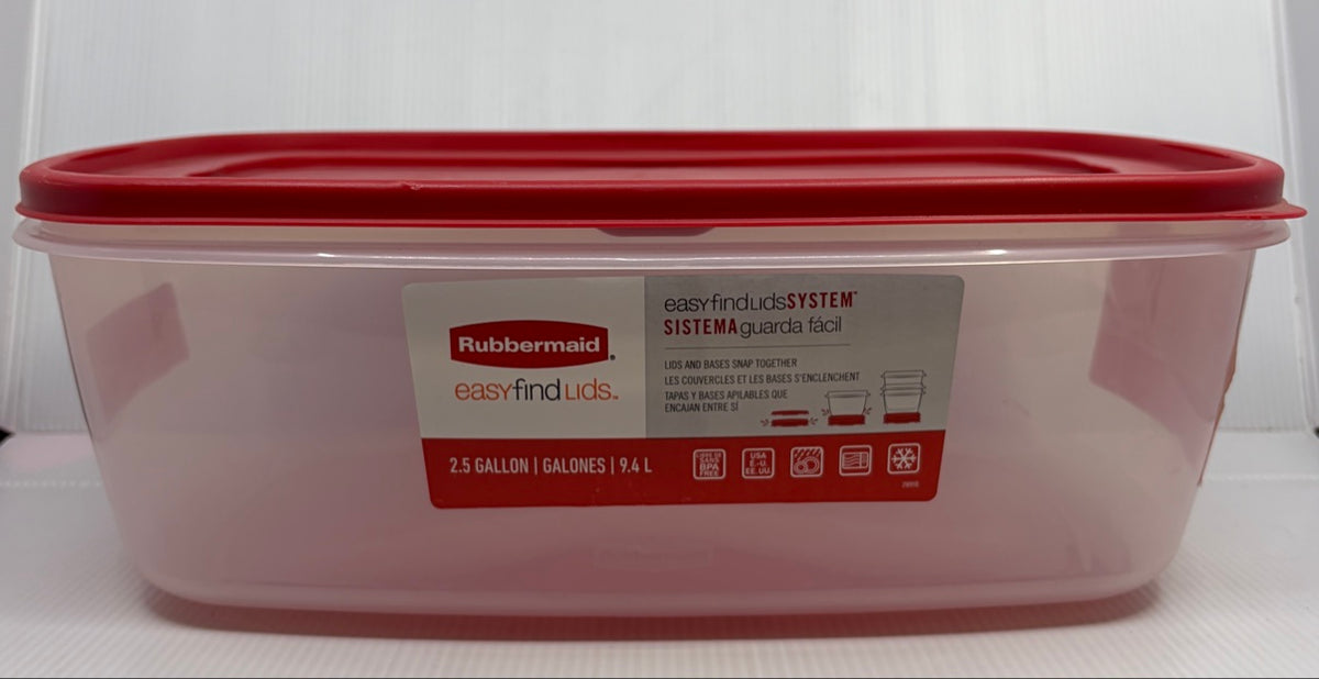 Rubbermaid Easy Find Lids 2.5 gallon 40 cup container side view showing clear base and red lid