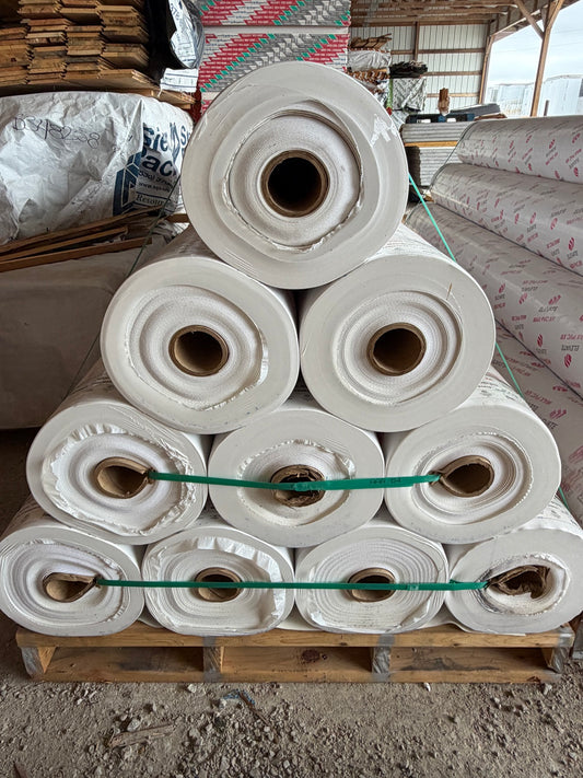 Full pallet of Elevate MAX PVC XR 60 mil fleece-backed membrane rolls, front view