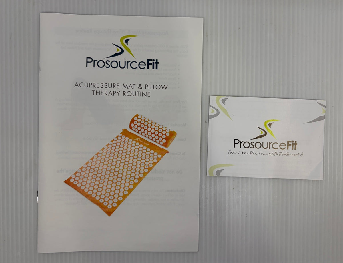 ProsourceFit acupressure mat and pillow therapy routine booklet and brand card