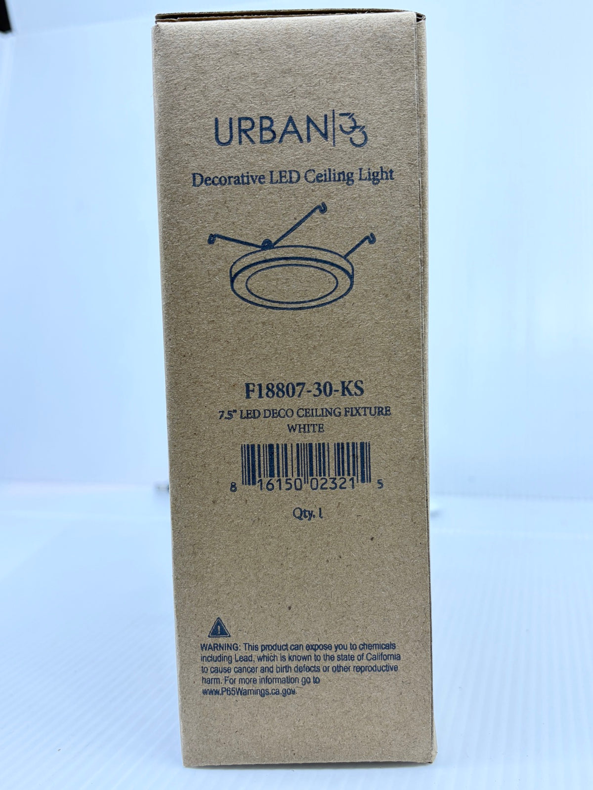 Urban 33 F18807-30-KS 7.5 inch LED deco ceiling fixture white - carton side with model number and UPC barcode 816150023215