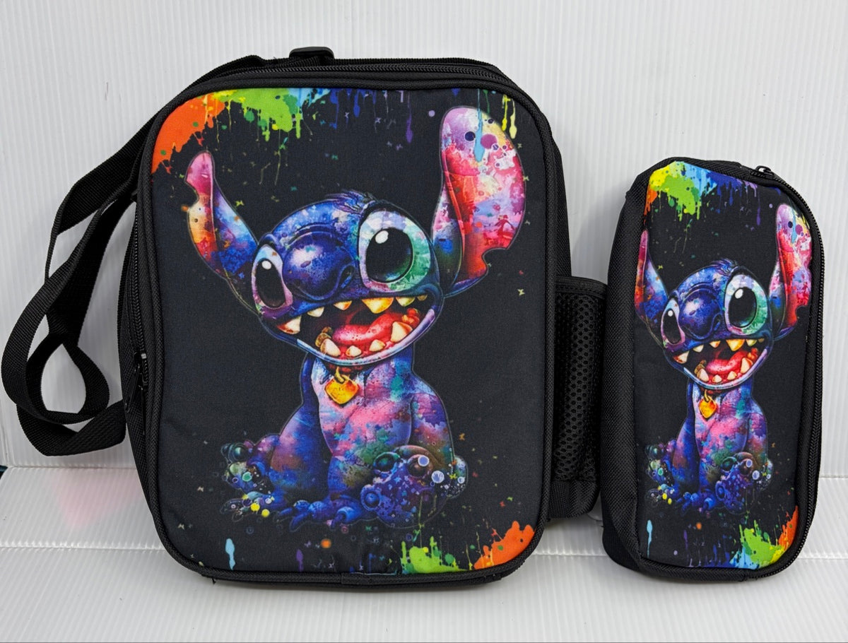 Lunch bag and pencil case front view showing matching Stitch paint splatter print and lunch bag shoulder strap