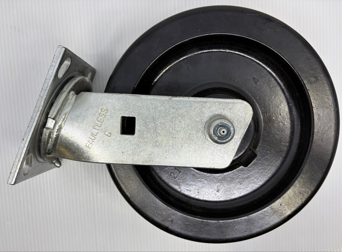 Faultless phenolic swivel caster top plate mount side view, FAULTLESS 8 stamp and wheel mold mark 21