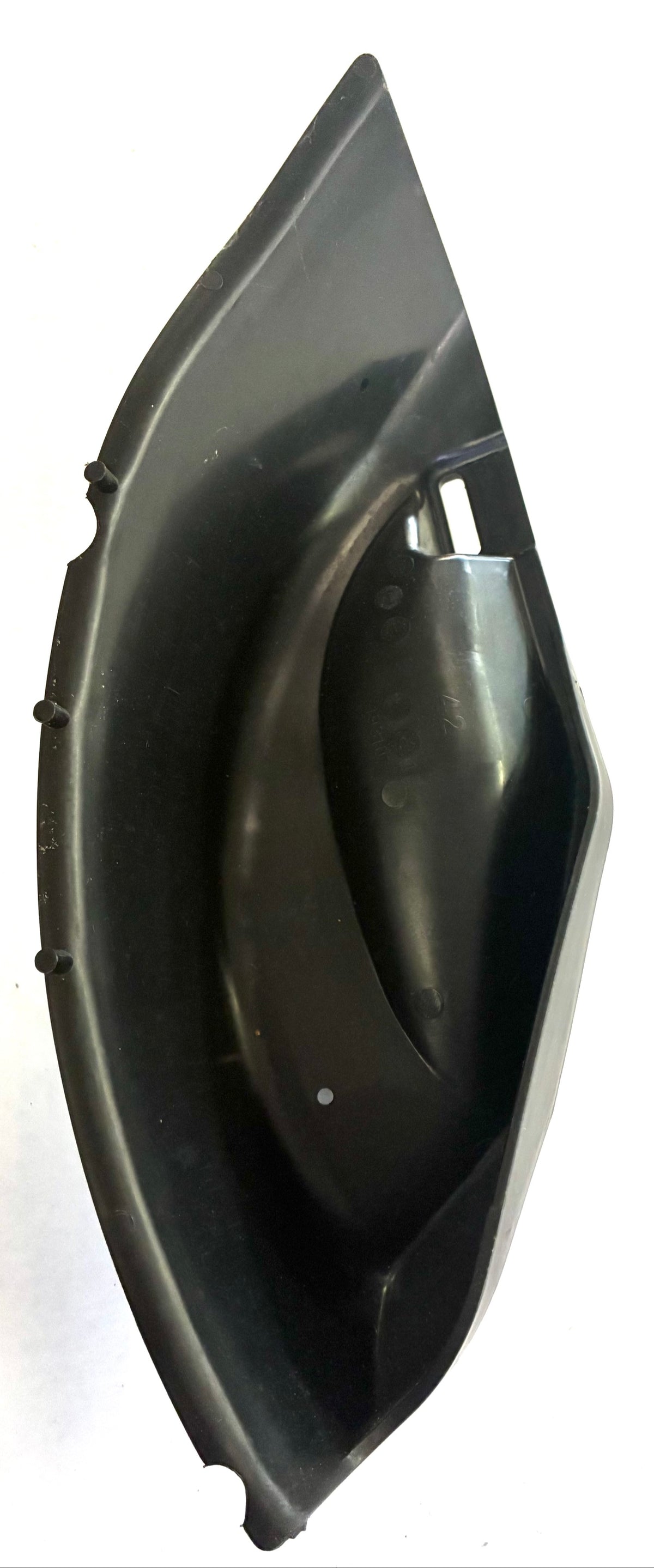 Inside of Husqvarna 42 inch mulch plug discharge cover showing latch slot and locating pegs