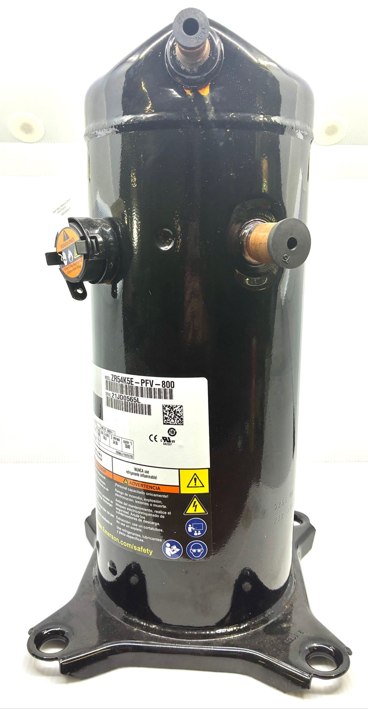 Side view of Copeland ZR54K5E-PFV-800 compressor showing discharge stub with cap and terminal cover