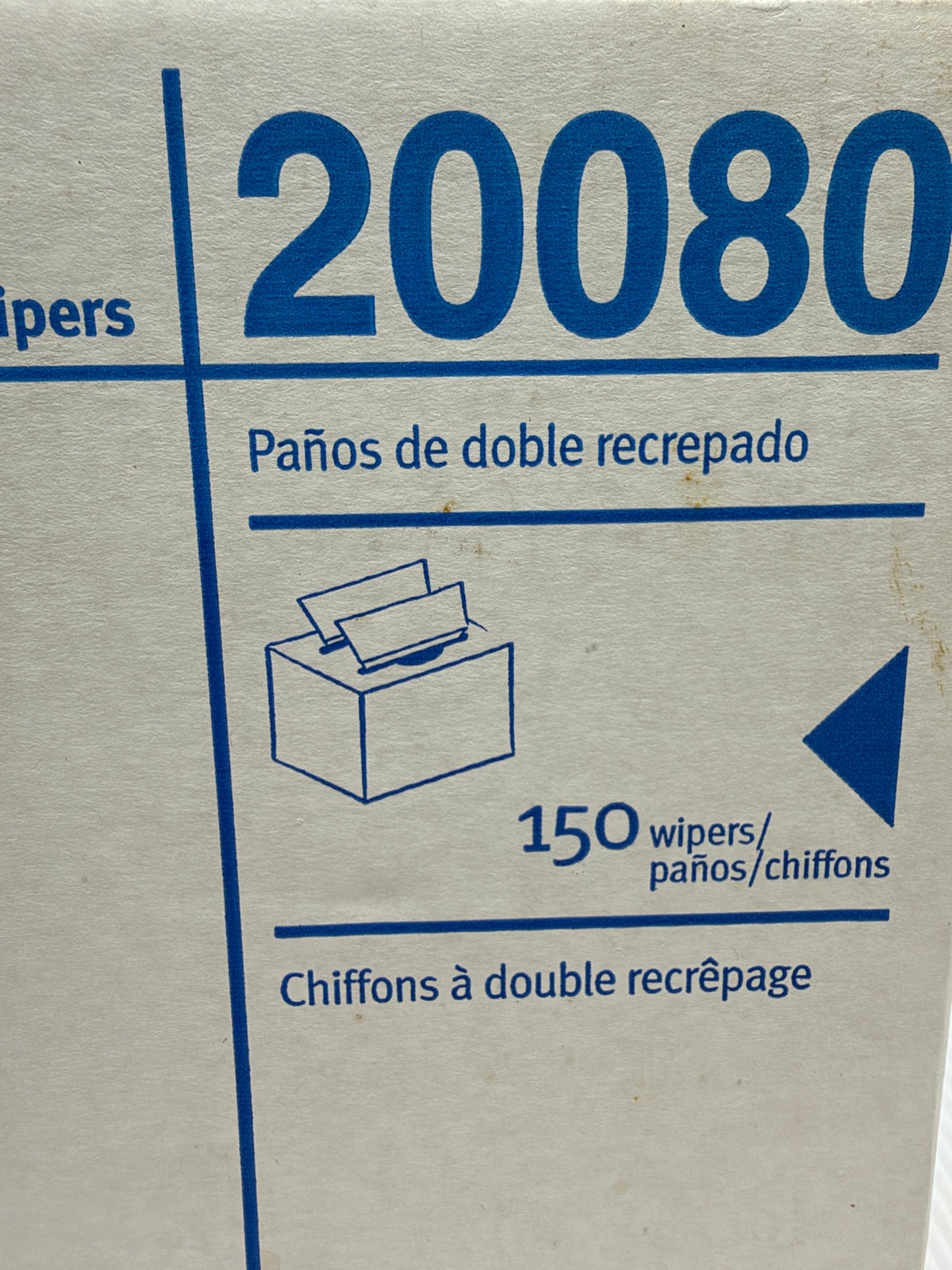 Close-up of TaskMate 20080 product number and 150 wipers count on dispenser box