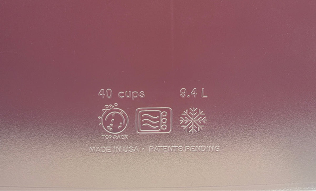 Close-up of container base embossing - 40 cups, 9.4 L, top rack dishwasher, microwave and freezer safe, made in USA