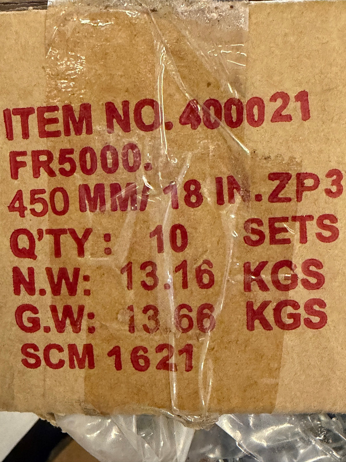 Fulterer factory carton label - Item No. 400021, FR5000, 450 mm / 18 in, quantity 10 sets, net weight 13.16 kg