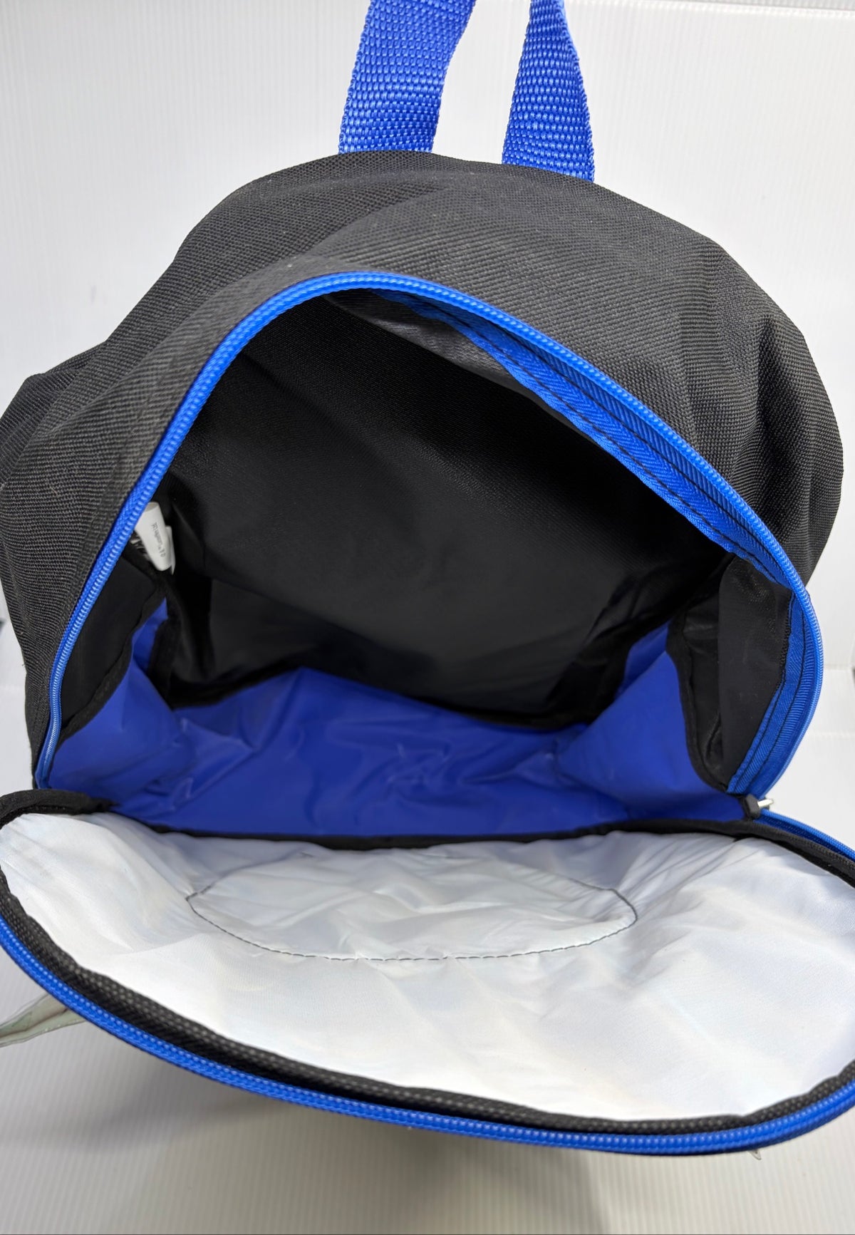 Interior of the Mandalorian backpack main compartment showing black and blue lining