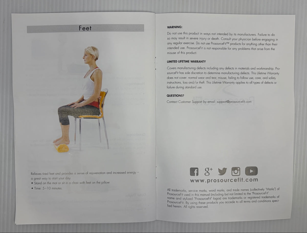 Acupressure routine for feet, manufacturer warning and limited lifetime warranty information