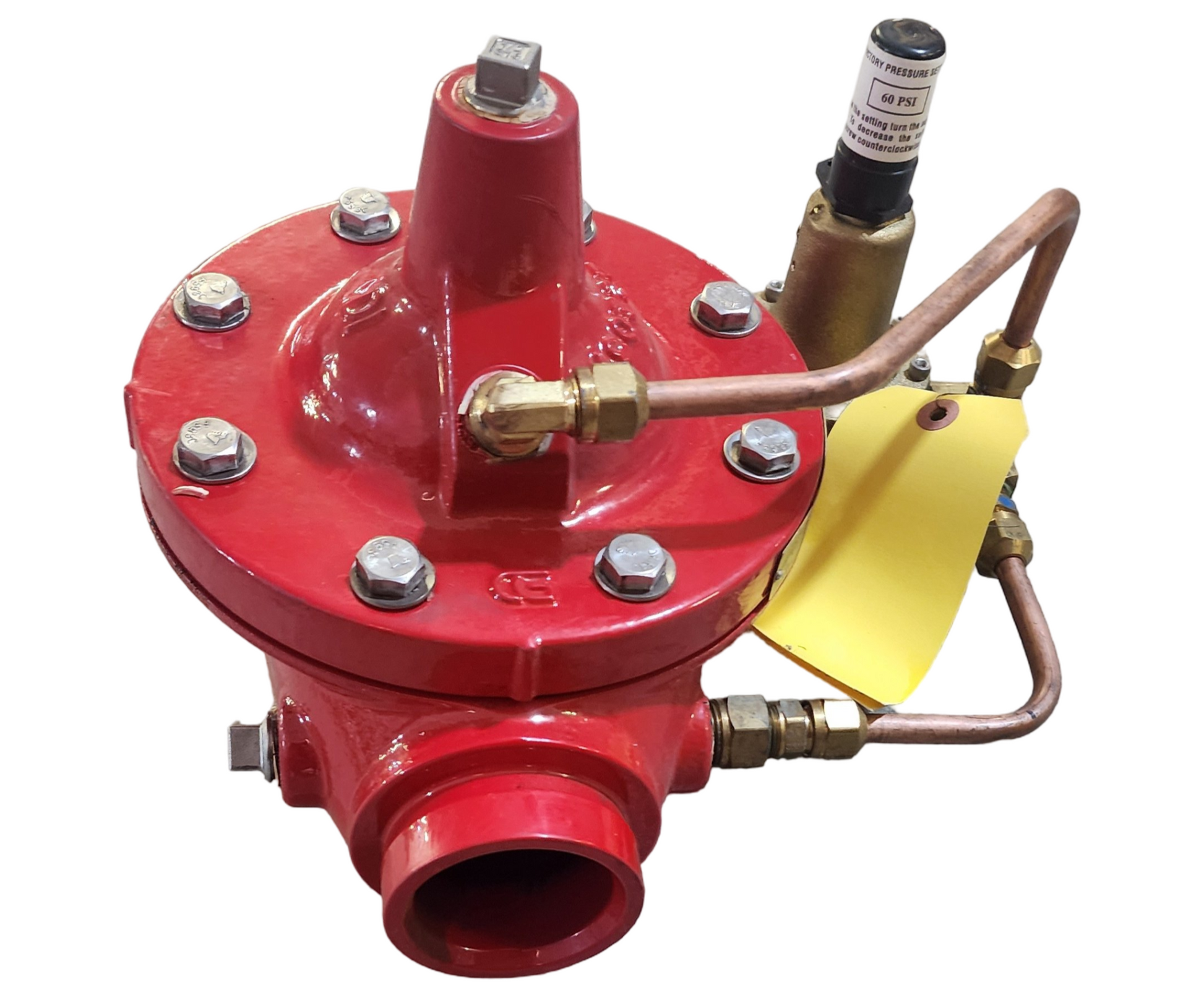 Red mechanical valve with brass components on a white background