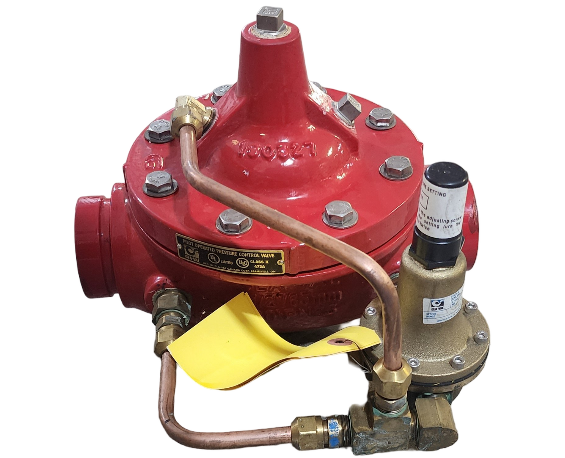 Red and brass gas valve with visible brand name on a white background