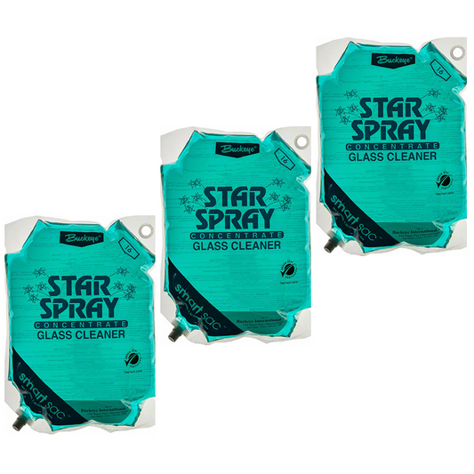 Three teal 'Star Spray' concentrate glass cleaner sacs on a white background.