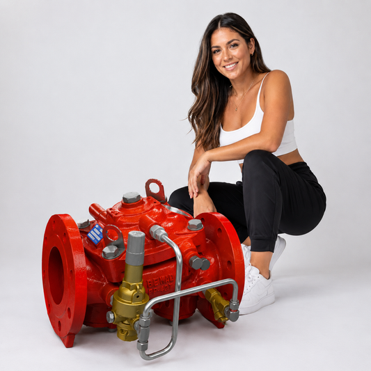 4" BERMAD FP-42T Fire Pressure Reducing Valve with attractive female model crouching behind the object.
