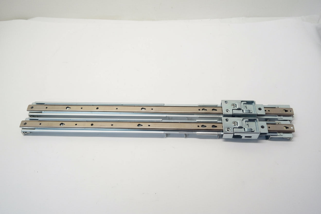 Two metal drawer slides on a white background