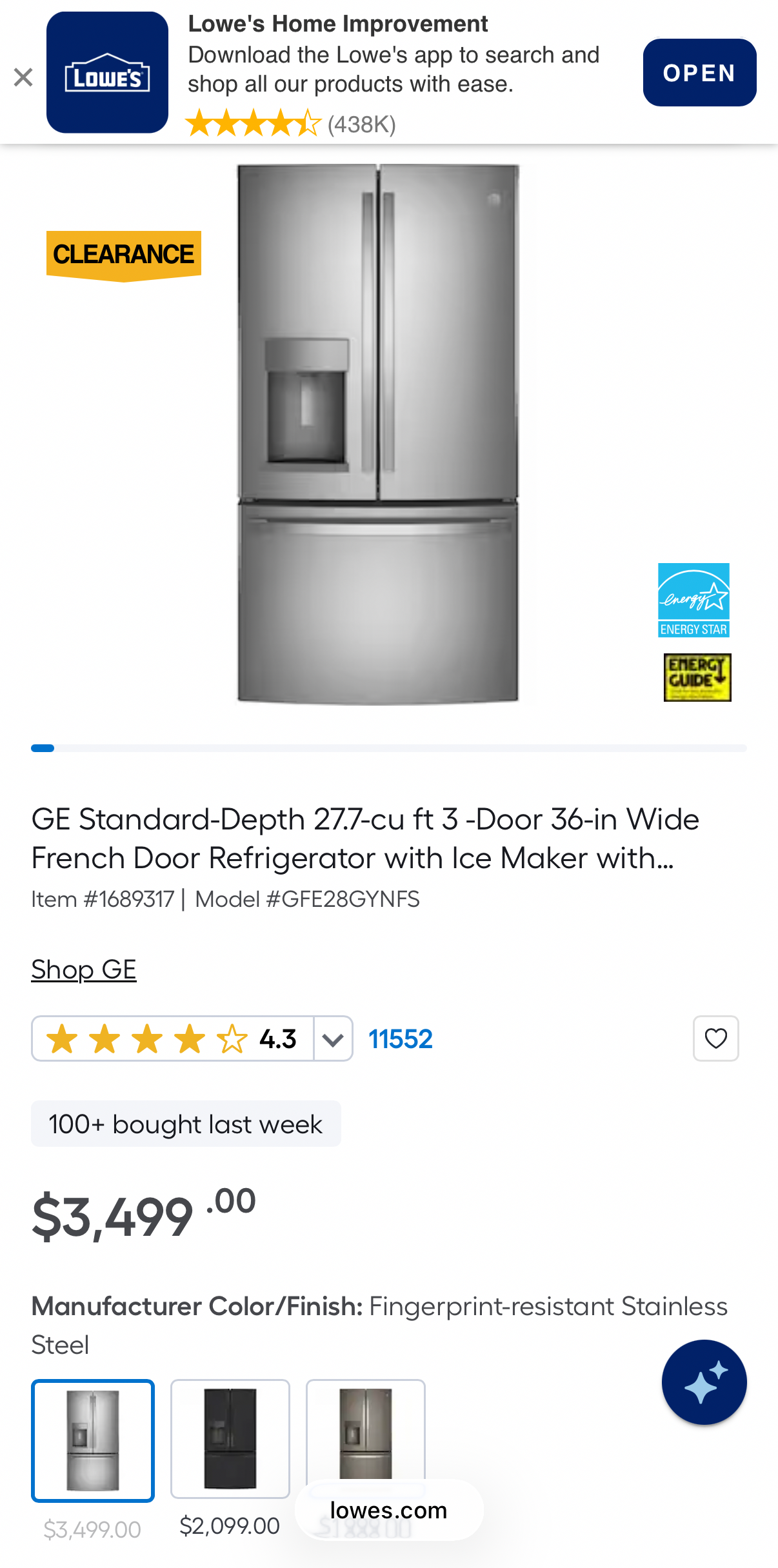GE 27.7 Cu. Ft. French Door Refrigerator, Fingerprint-Resistant Stainless Steel