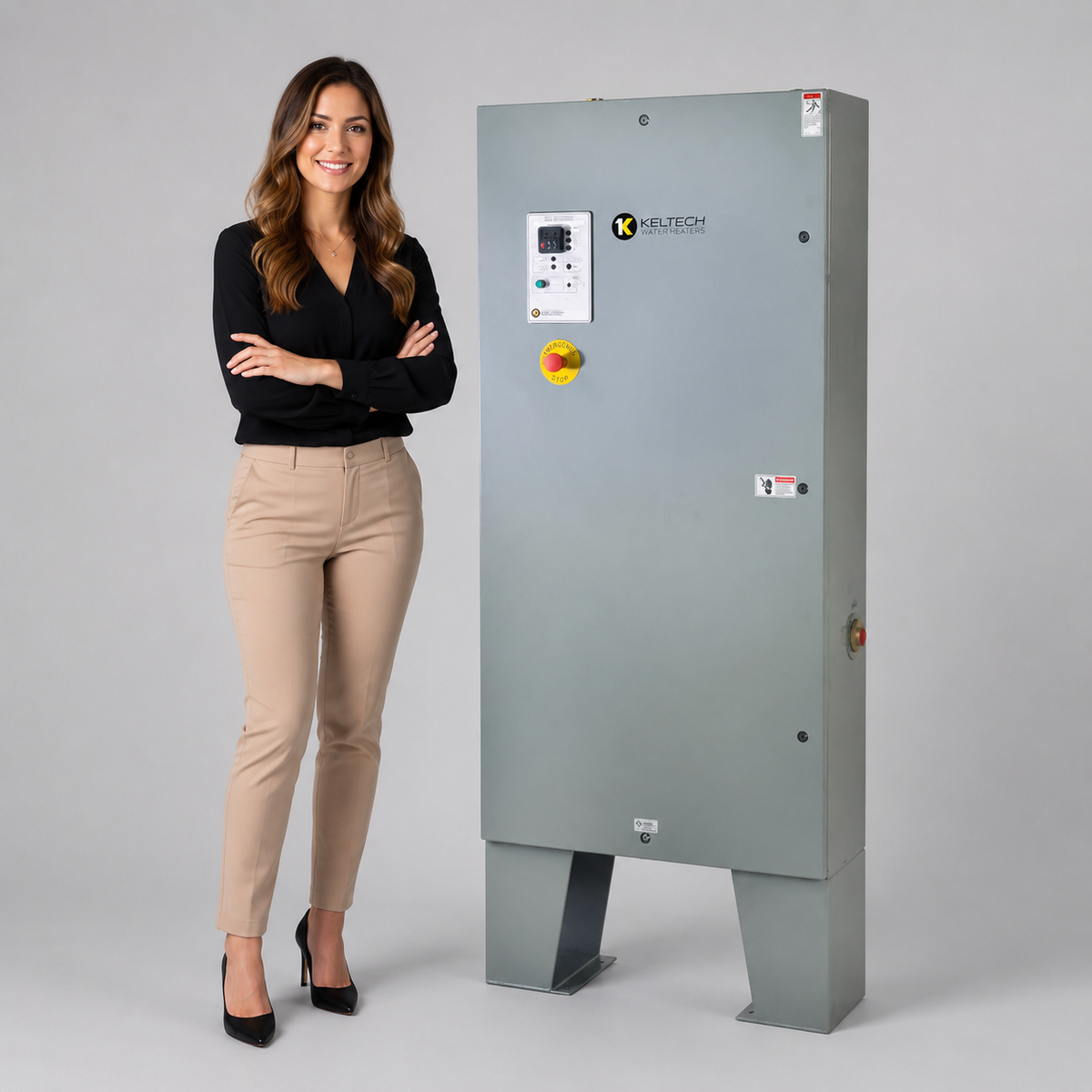A woman stands beside a large gray Keltech safety shower water heater on a light gray studio background. The panel has a digital display, a yellow emergency stop button, and the Keltech logo.