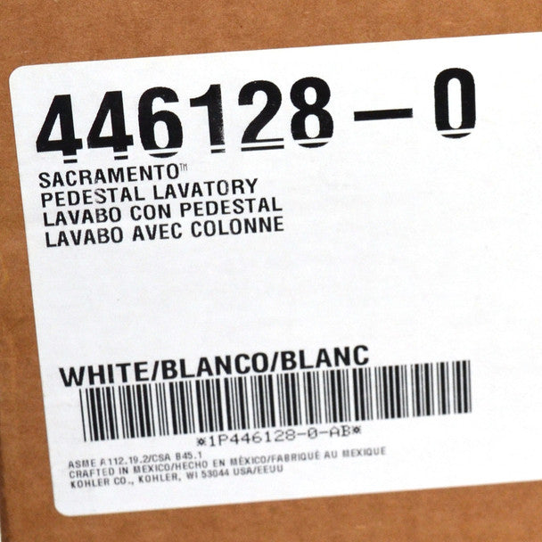 446128-0 Sacramento Pedestal Lavatory Label on a cardboard box with product details and barcode.