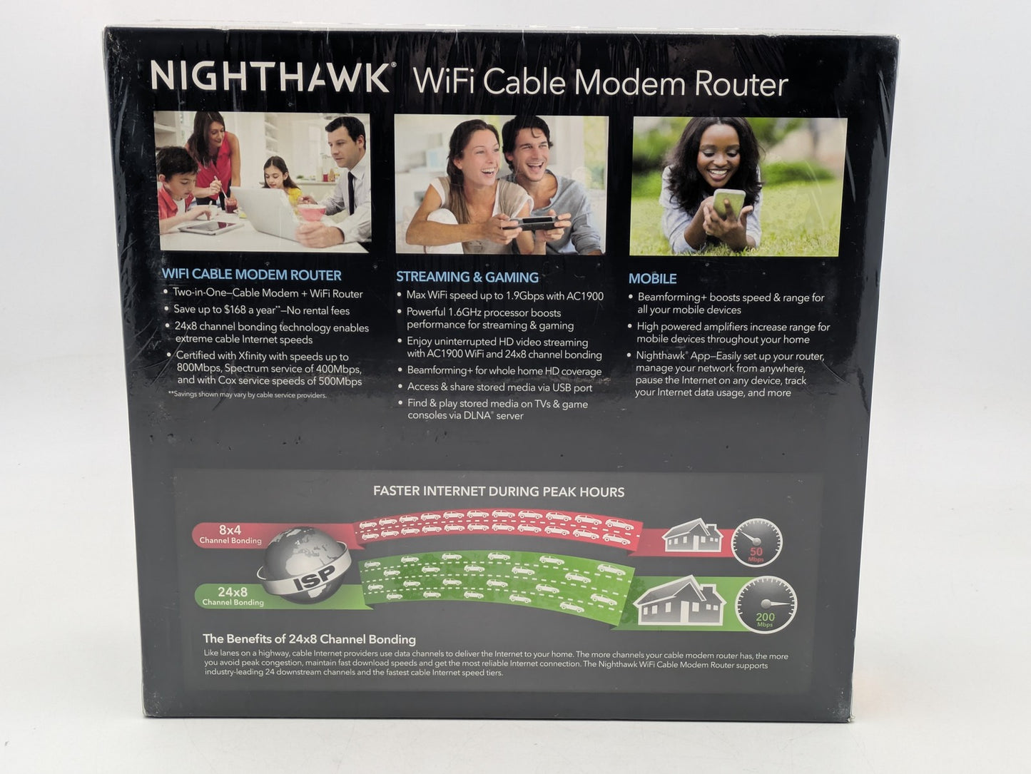 Nighthawk WiFi cable modem router packaging with product features and images of people using technology.