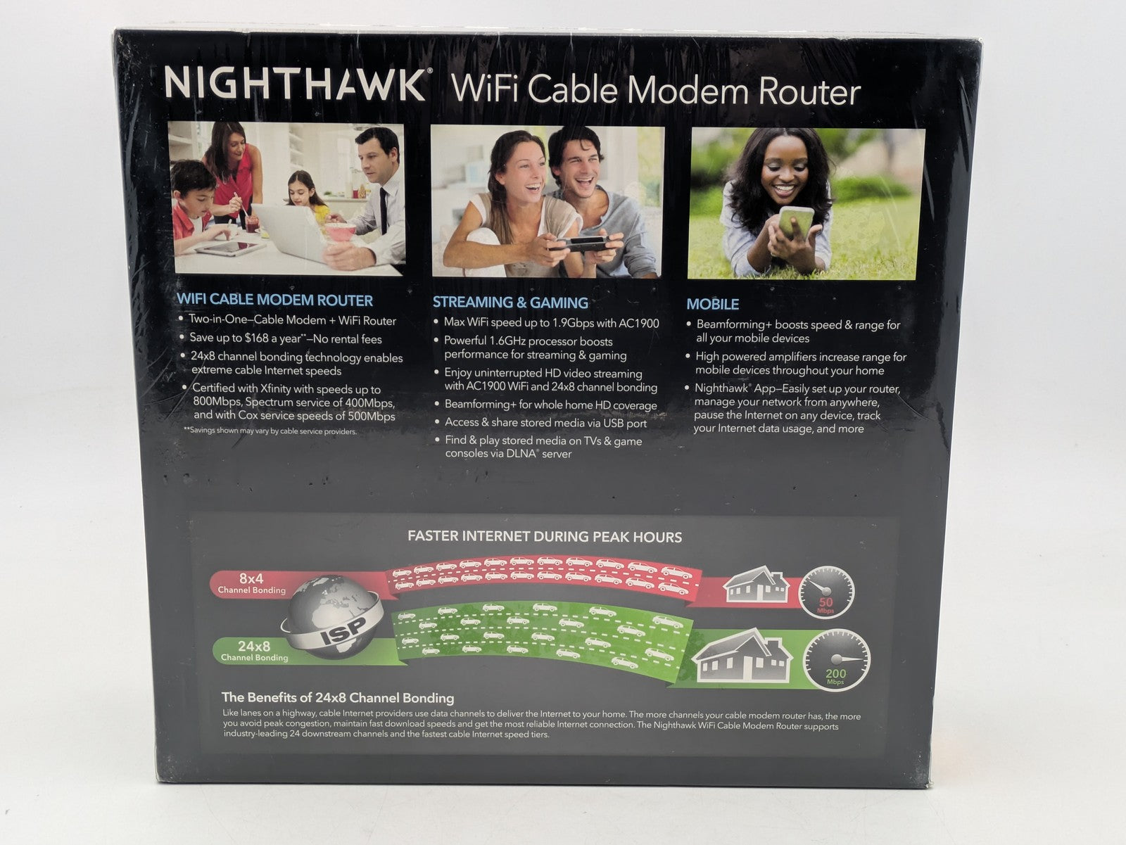 Nighthawk WiFi cable modem router packaging with product features and images of people using technology.