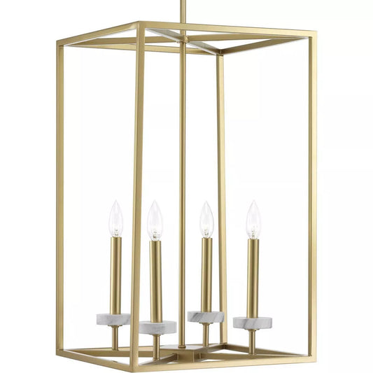 A vintage gold-finished metal foyer pendant with faux white marble accents, featuring four candle-like light sources.