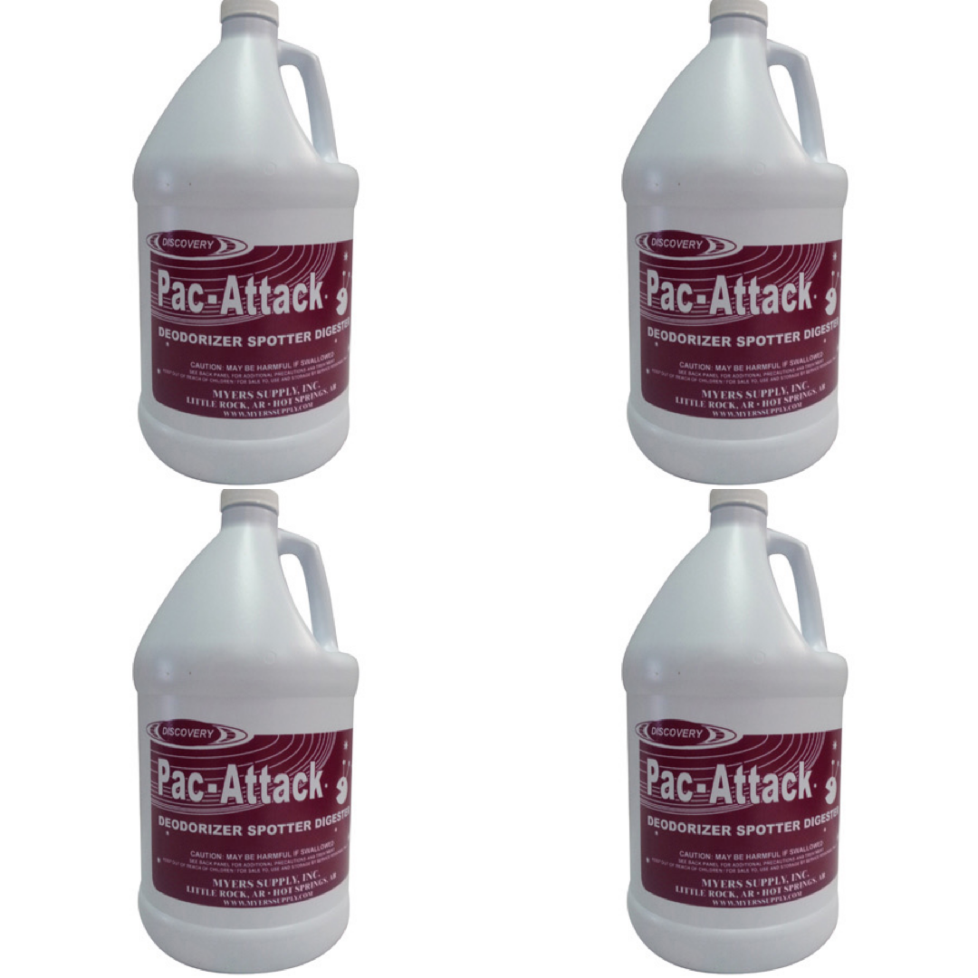 Four one gallon jugs of Pac-Attack deodorizer spotter booster on a white background.