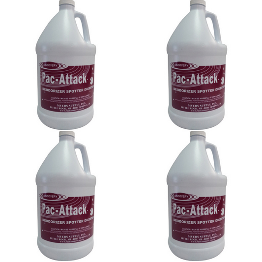 Four one gallon jugs of Pac-Attack deodorizer spotter booster on a white background.