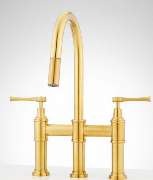 Signature Hardware Hurston 1.8 GPM Double Handle Bridge Widespread Pull-Down Kitchen Faucet, Brushed Gold 455767
