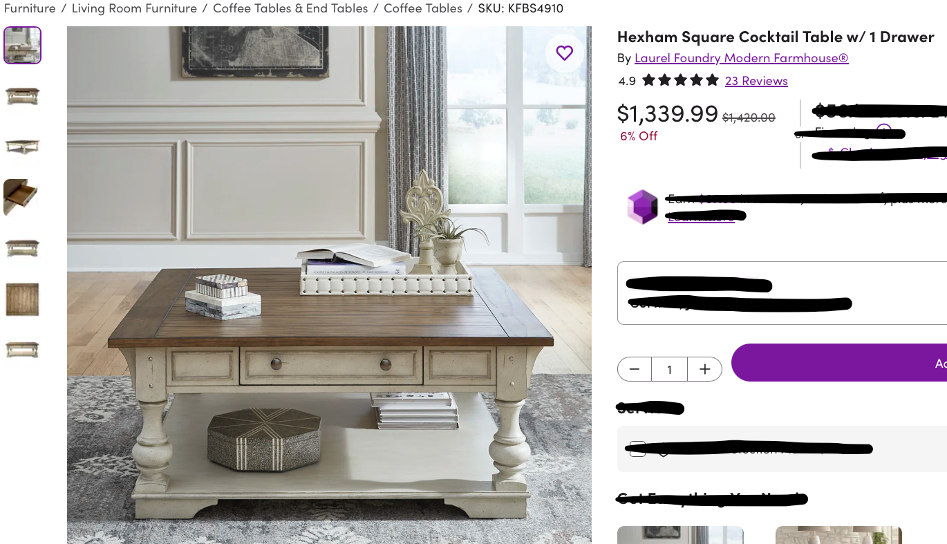 Laurel Foundry Hexham Cocktail  Coffee Table w/ Shelf & Drawer – 48" Square – Local Pickup