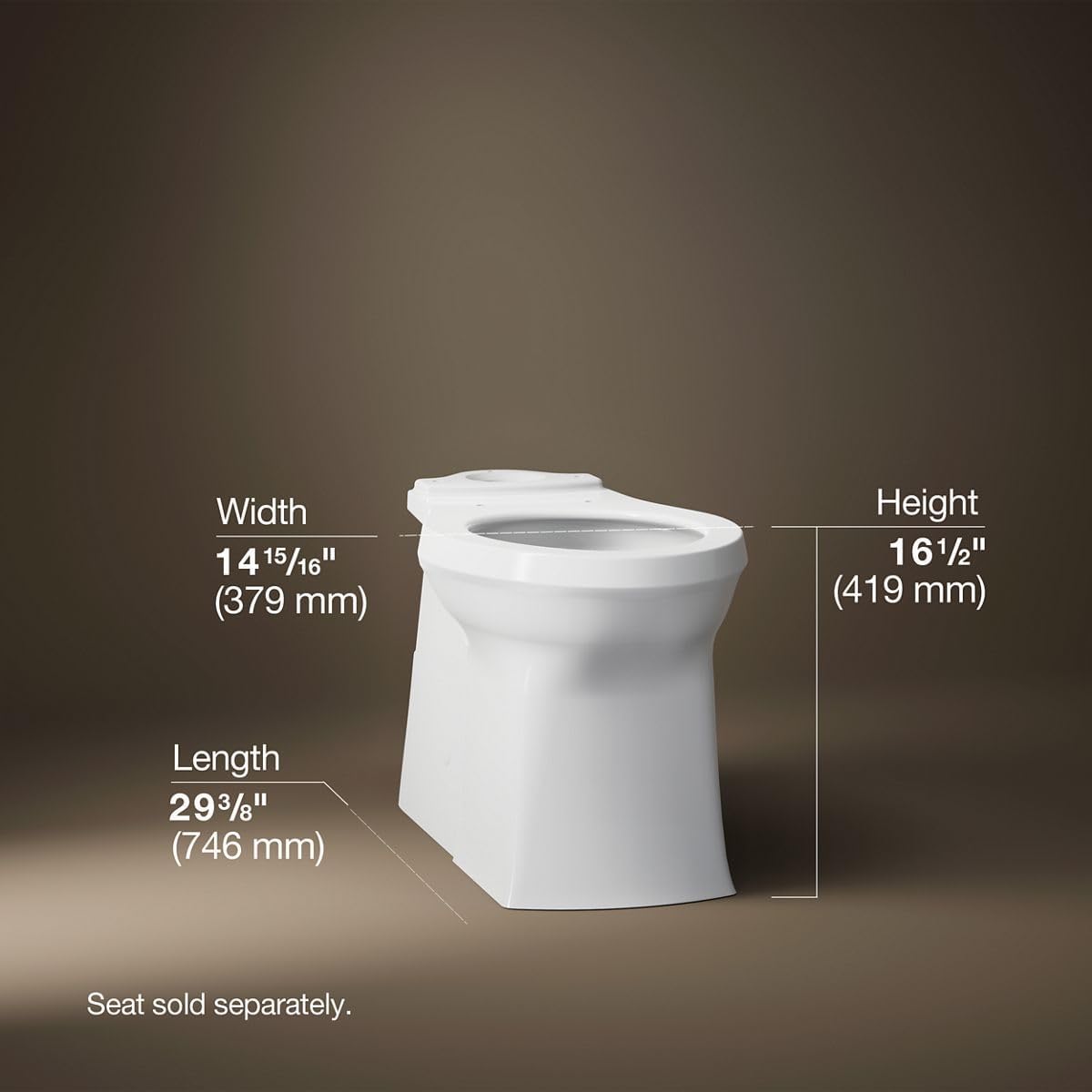 White toilet bowl with measurements on a brown background