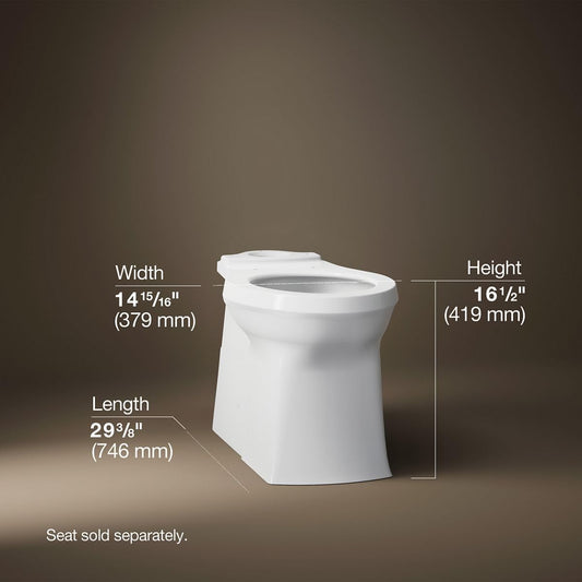 White toilet bowl with measurements on a brown background