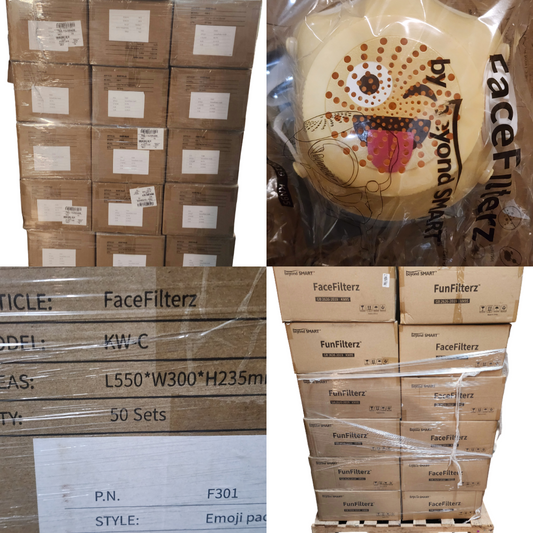 Snowflake Pallet-40 boxes. 50/box. Halloween Pallet-41 boxes. 50/box. Emoji & Various designs Pallet-36 boxes. 50/box. Respirator Filters Pallet-33 boxes. 100 packs per box, 30 pcs per pack. Mask Covers Pallet-19 boxes.  10 sets/rolls per box. 20 pcs per roll.