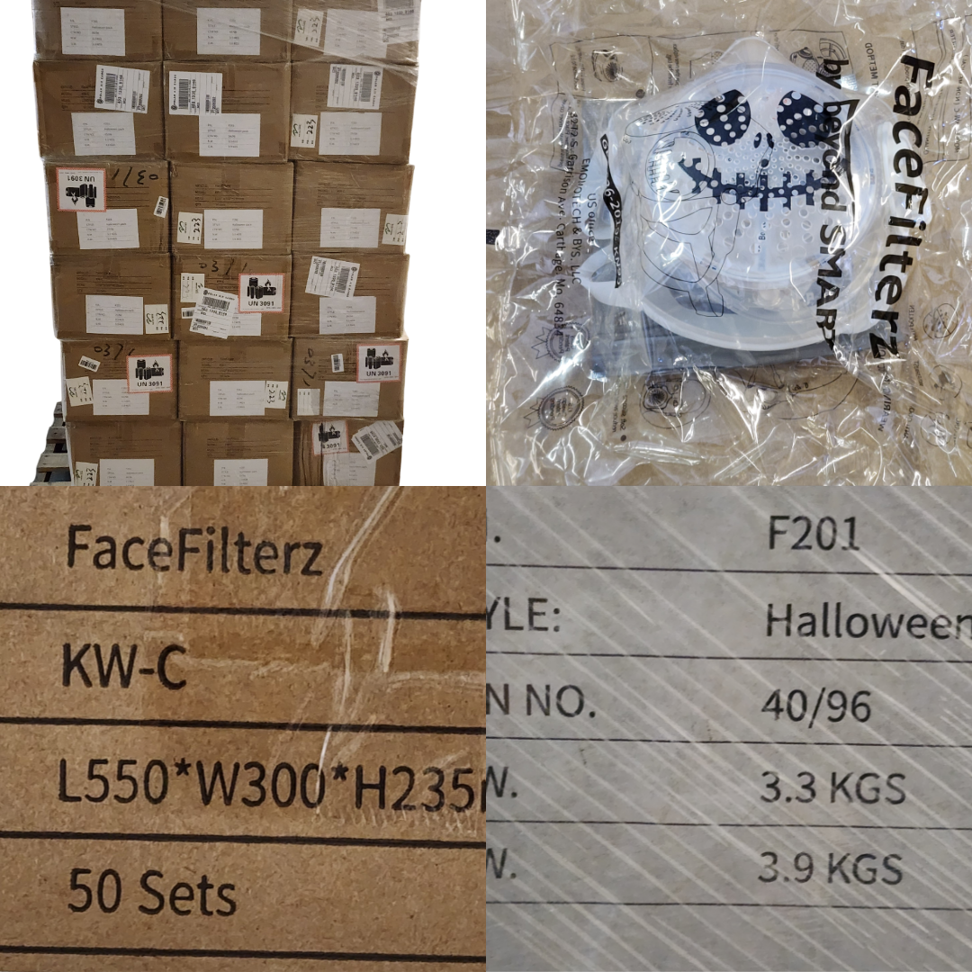 Snowflake Pallet-40 boxes. 50/box. Halloween Pallet-41 boxes. 50/box. Emoji & Various designs Pallet-36 boxes. 50/box. Respirator Filters Pallet-33 boxes. 100 packs per box, 30 pcs per pack. Mask Covers Pallet-19 boxes.  10 sets/rolls per box. 20 pcs per roll.